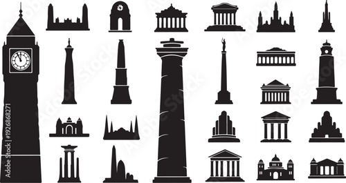 Collection of famous landmarks and monuments in black silhouette