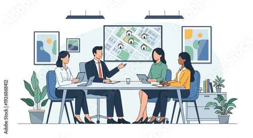 Diverse team collaborates in modern office meeting room.