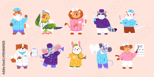 Set of cute animals doctors. Funny anthropomorphic pediatric medics. Health care cartoon characters. Rabbit doc, cat pediatrician, mouse dentist, dog therapist. Flat isolated vector illustrations.