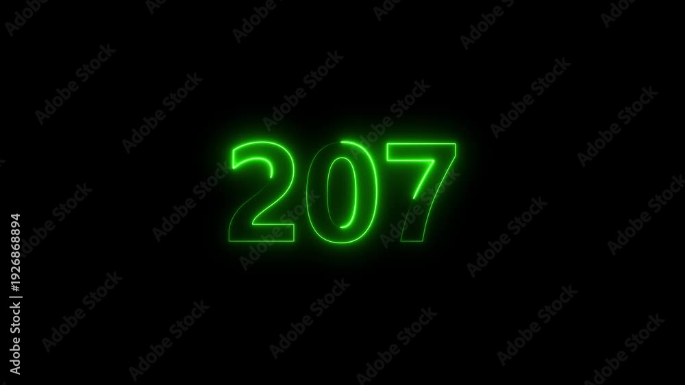 Neon number 207 glowing bright on black background 4k video..
