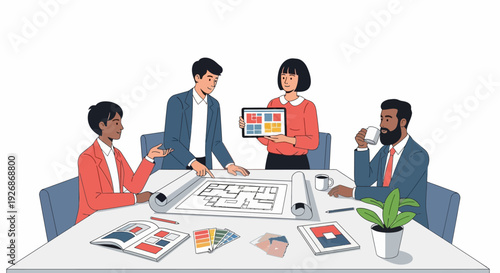 Diverse team collaborates on architectural project using blueprints and tablet.