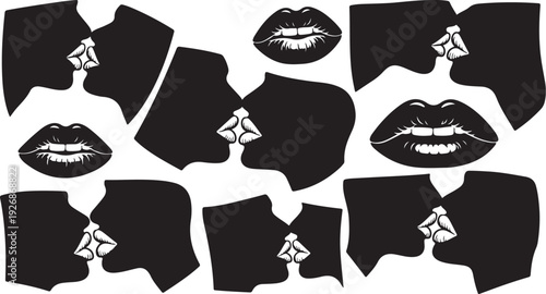 Kissing Couples Silhouettes with Diamond Rings on Fingers Closeup