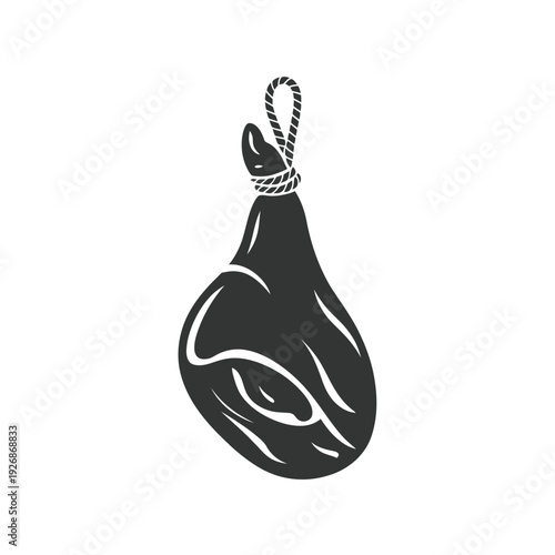 A black and white illustration of a hanging piece of cured meat