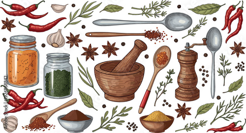 Herbs and Spices Collection with Chili Peppers, Garlic, Mortar and Pestle Rustic Cooking Flat Vector Illustration Set