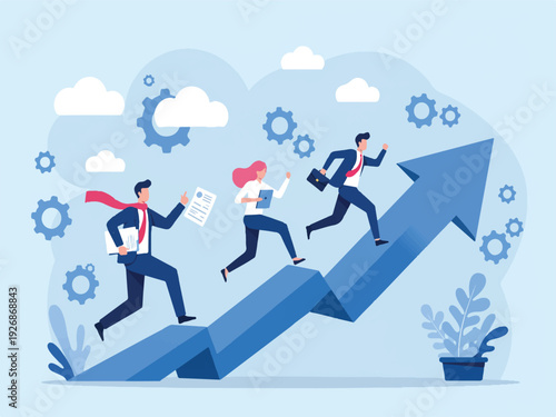 Business people running up arrow graph with clouds gears and plants  corporate success concept