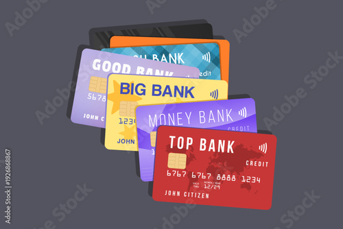 Stack of credit cards. Credit card debt issue. Many credit cards of one person.