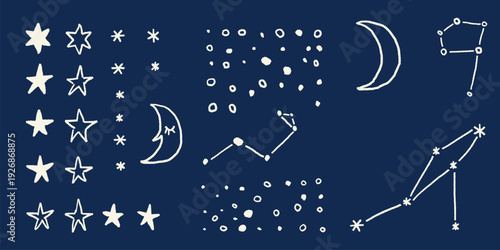 Cute doodle element set. Hand drawn stars, moon and constellation for your starry night design.