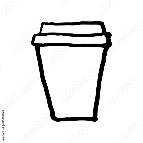 Disposable coffee cup with closed lid. Doodle style hand drawn object. Simple isolated outline.