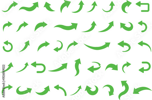 Curved Arrow Icon Set Collection Group in Flat Style Vector, Direction Pointer Navigation Symbol Bundle Pack, Swirl Rotate Flow Sign Silhouette Outline green Design