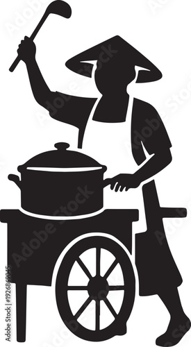 Local street food vendor silhouette waving ladle, cultural flavor.