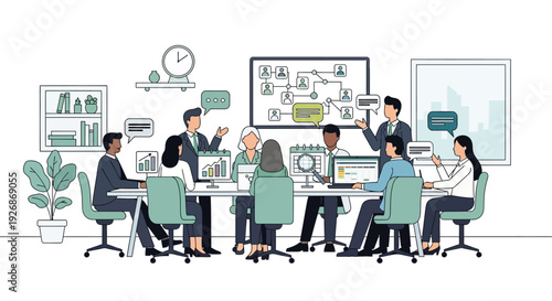 Diverse team collaborating in a modern business meeting room.