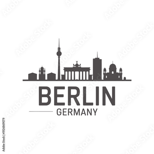 A black silhouette of the berlin skyline with the city s name