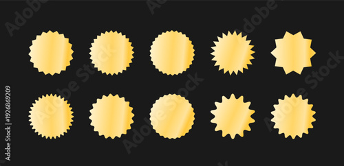 Set of star shaped badges. Golden starburst or sunburst sticker, tag, design element collection. Simple starburst vector graphics set.