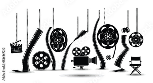 Film reels camera and director s chair in a striking black silhouette