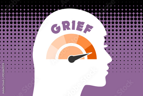 Grief level meter on a woman head profile view. Concept illustration.