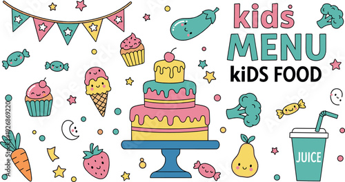 Kids Menu Design with Cute Cake, Ice Cream, Fruits and Sweets Cartoon Flat Vector Illustration