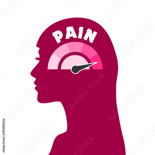 Pain level meter on a woman head profile view. Concept illustration.
