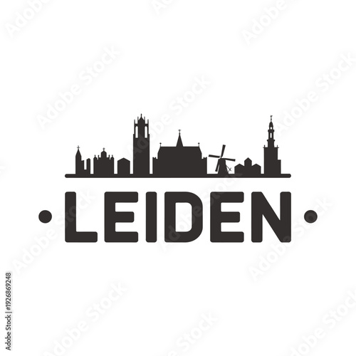 A black silhouette of leiden s skyline with a city name below