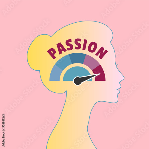 Passion level meter on a woman head profile view. Concept illustration.