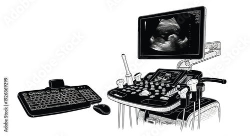 Ultrasound machine with monitor keyboard and probe a bold silhouette