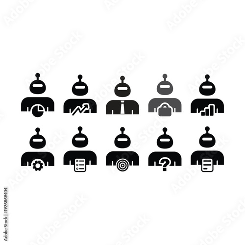 Artificial Intelligence Business Robot Icons Set – Analytics, Growth, Strategy and Management glyph illustration
