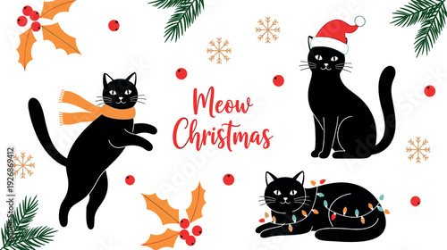 Meow Christmas Greeting Card with Cute Black Cats, Santa Hat and Festive Holiday Decorations Flat Vector Illustration