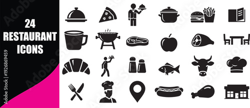 Restaurant icons collection for food service industry menu design including kitchen utensils dining equipment gourmet catering and cafe hospitality management