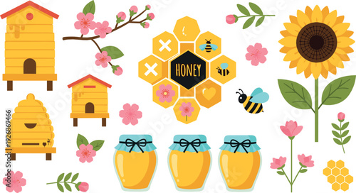 Honey and Beekeeping Collection with Beehives, Honey Jars, Sunflower and Bees Flat Vector Illustration Set