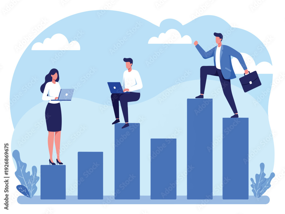 Obraz premium Business people working on laptops standing on blue bar graph with mountains and clouds in background