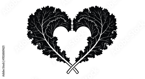 Two kale leaves artfully arranged to form a heart shape silhouette