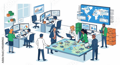Diverse team collaborating in a modern control room environment.