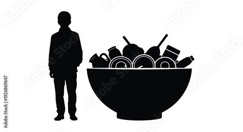 A person stands beside a large bowl filled with kitchenware silhouette