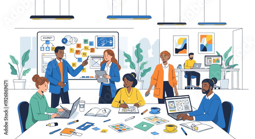 Diverse team collaborating in a modern office meeting room.