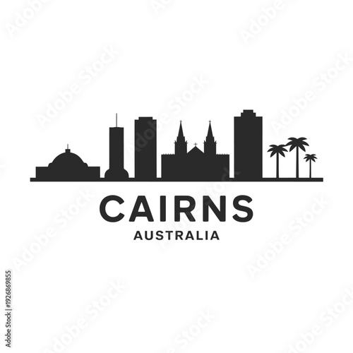 Silhouette of cairns skyline with palm trees and city name