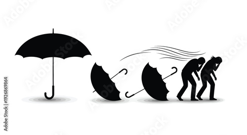 People struggling against wind and rain depicted in a stark silhouette