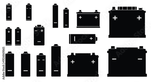 Collection of various battery types displayed in a stark black silhouette