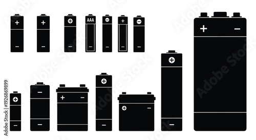 Various sizes of black batteries displayed in a flat dark silhouette