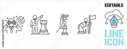 Editable line icon set - clean vector outline stroke for business strategy and leadership. Businessman looking through binoculars, planning chess pieces holding flag. Success, vision and achievement