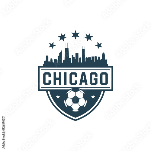 Chicago city skyline logo with soccer ball and stars emblem design