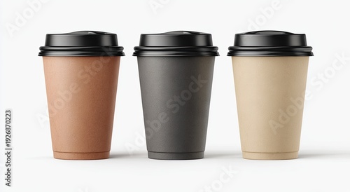 Wallpaper Mural Three paper coffee cups, different colors, with black lids, against white background Torontodigital.ca
