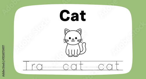 Cat tracing worksheet for kids, handwriting practice