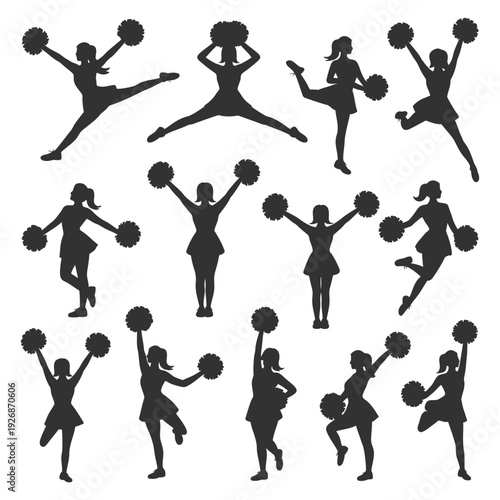 Silhouettes of cheerleaders in dynamic poses with pom poms