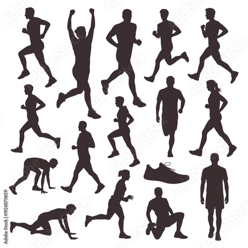 Silhouettes of runners in various poses and a single running shoe