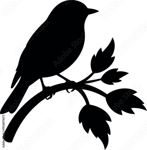 Silhouette of Songbird Perched on Branch with Leaves Vector Illustration