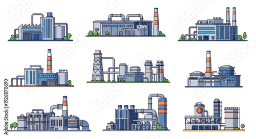 Industrial complex illustration featuring various factory buildings and structures in a row.