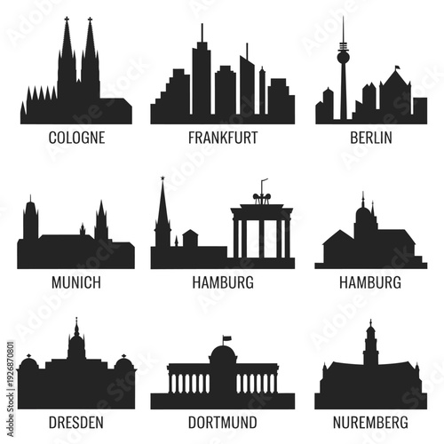 Silhouettes of iconic german city skylines in black and white