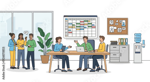 Diverse team collaborating in a modern office environment.