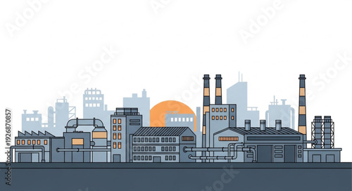 Industrial cityscape illustration featuring factories, chimneys, and urban infrastructure against a bright sky.