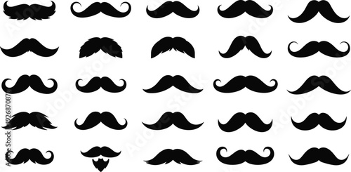 Black vector illustration set of twenty-five different mustache silhouettes with unique styles, curled, bushy, thin, facial hair grooming design collection