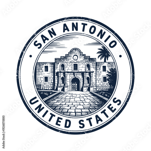 Vintage style seal featuring the Alamo mission in San Antonio Texas
